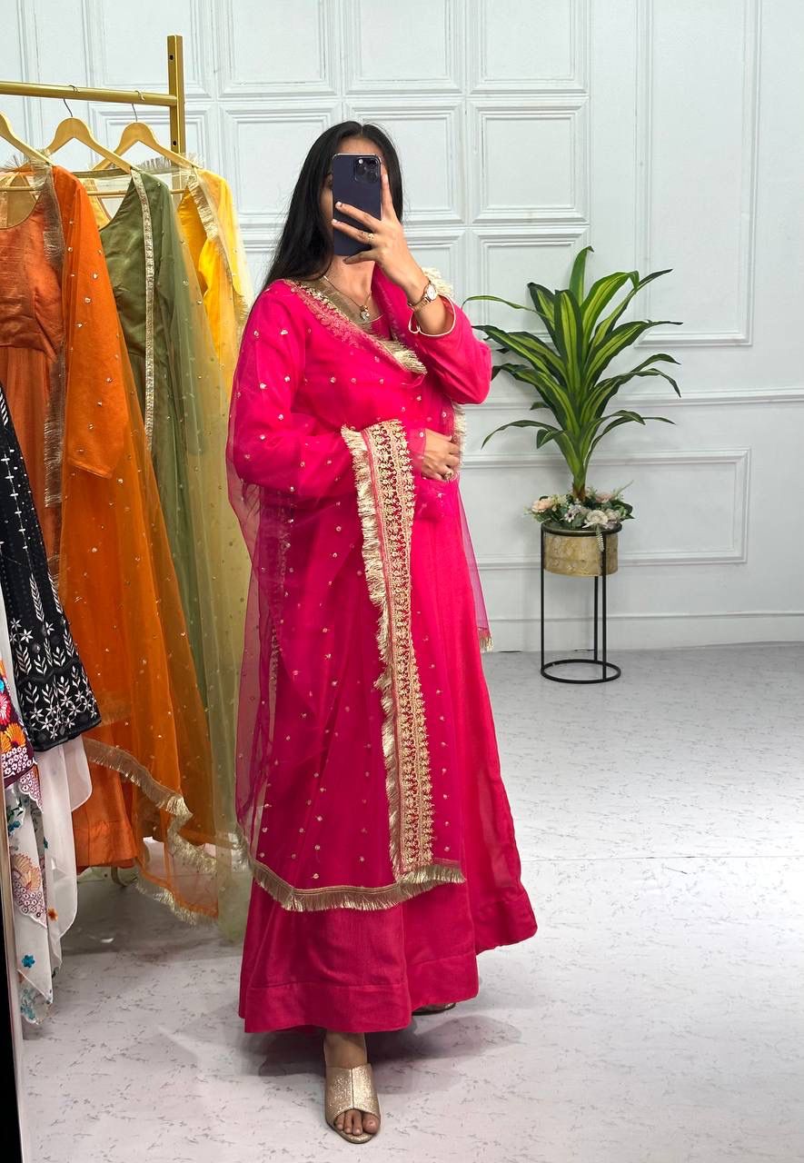 Pink Color Plain Gown With Work Net Dupatta