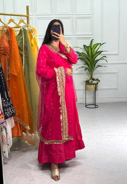 Pink Color Plain Gown With Work Net Dupatta