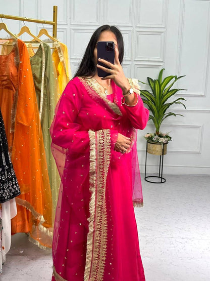 Pink Color Plain Gown With Work Net Dupatta