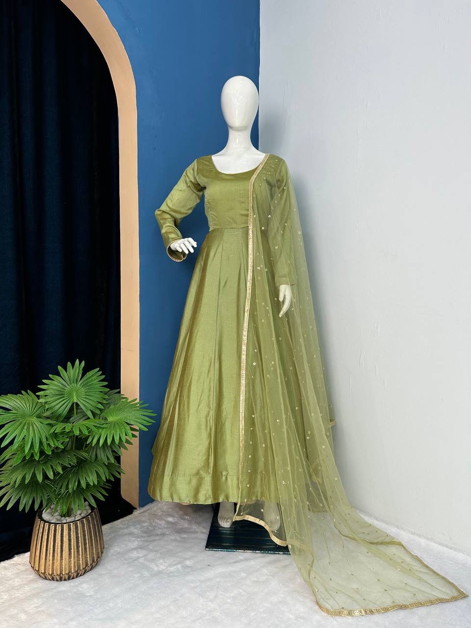 Pista Color Plain Gown With Work Net Dupatta