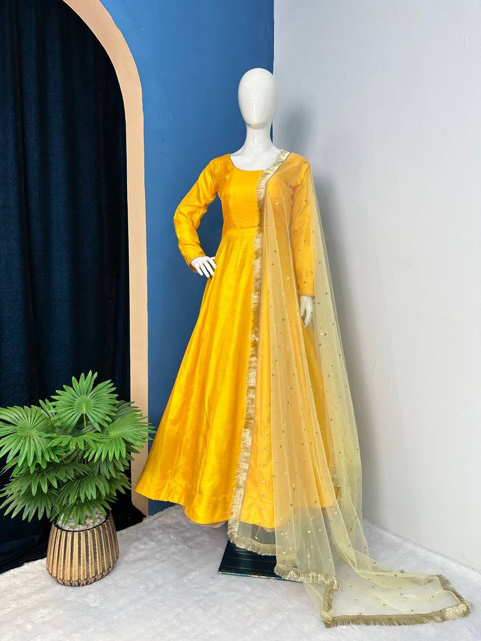 Yellow Color Plain Gown With Work Net Dupatta
