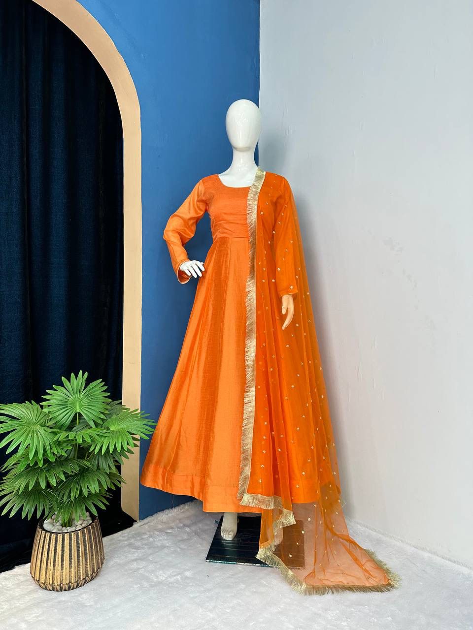 Orange Color Plain Gown With Work Net Dupatta