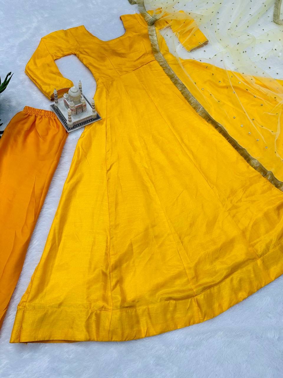 Yellow Color Plain Gown With Work Net Dupatta