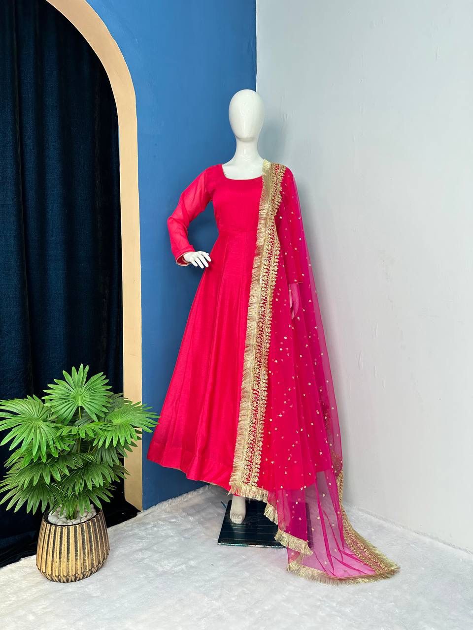Pink Color Plain Gown With Work Net Dupatta