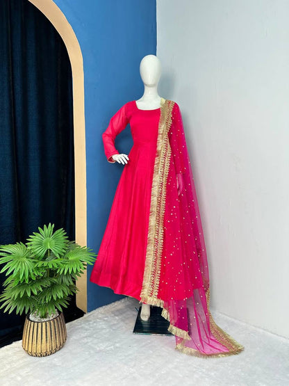Pink Color Plain Gown With Work Net Dupatta