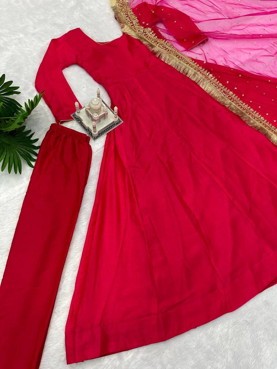 Pink Color Plain Gown With Work Net Dupatta