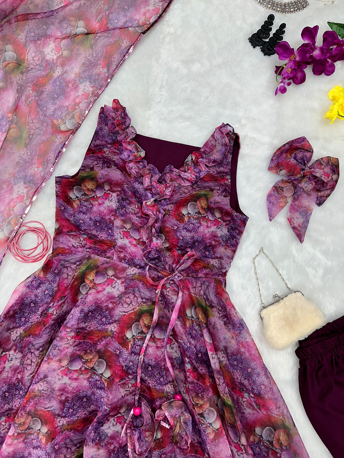 Party Wear Digital Printed Wine Color Anarkali Suit