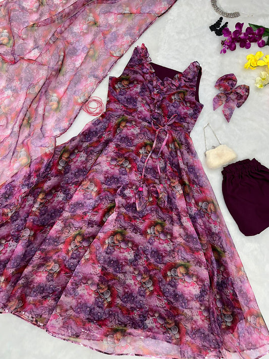 Party Wear Digital Printed Wine Color Anarkali Suit