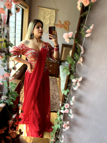 Beautiful Indo Western Red Color Lehenga Style Dress
