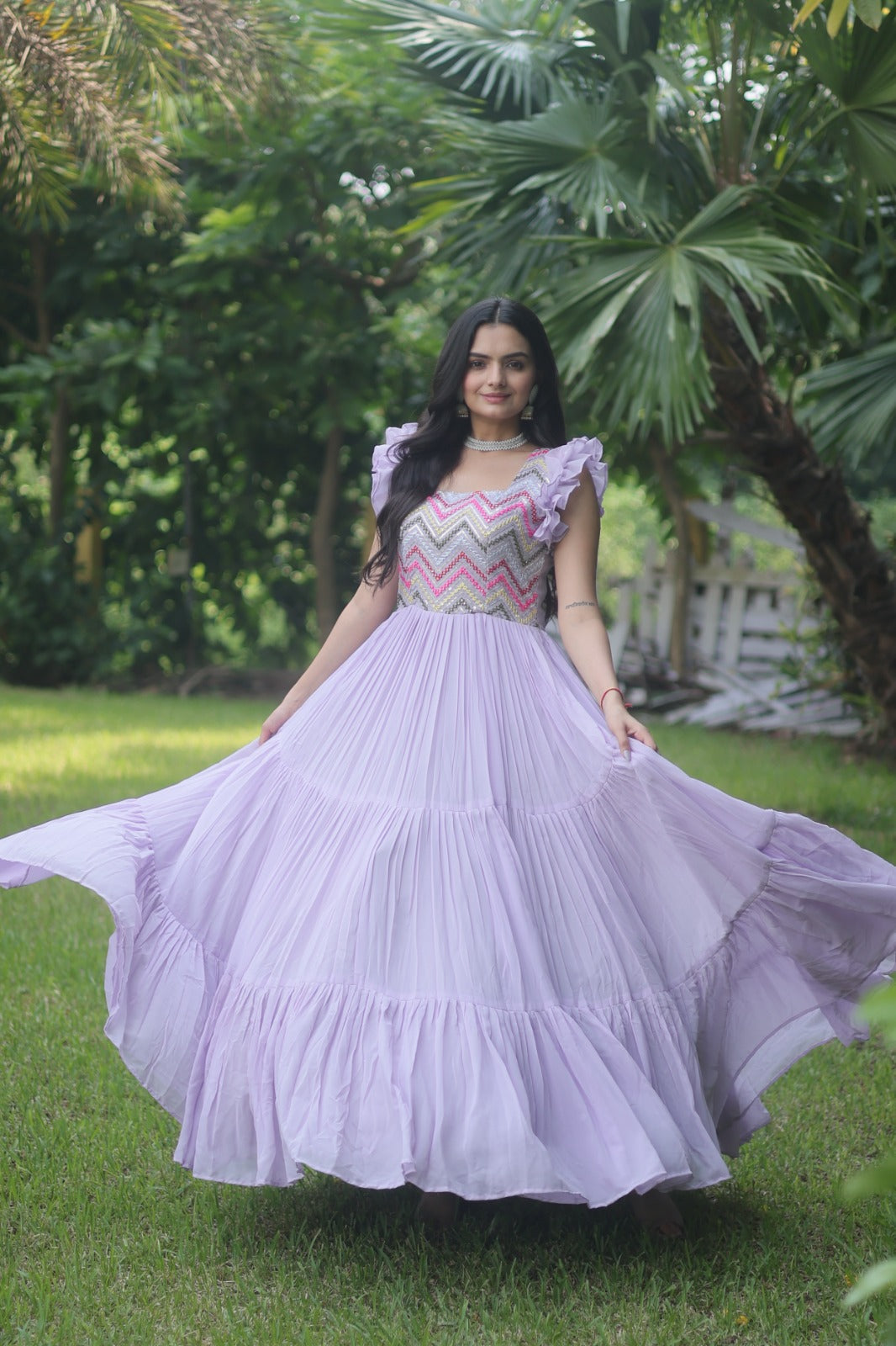 Elegant Lavender Color Multi Work Ruffle Gown