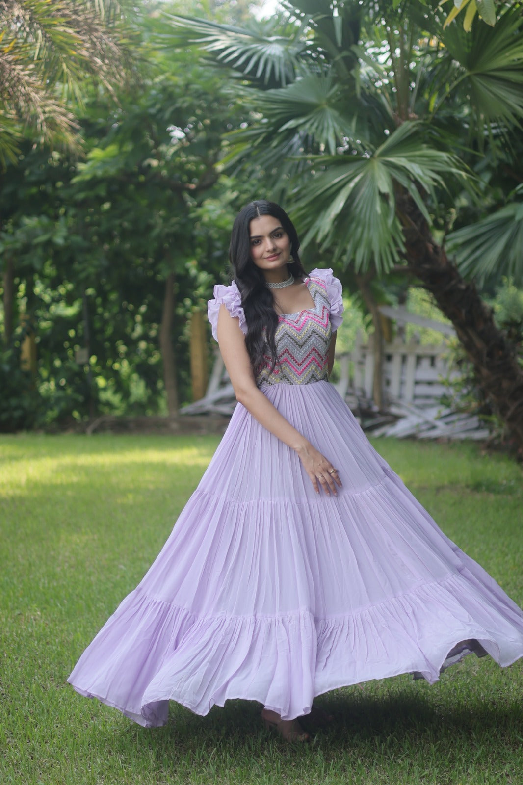 Elegant Lavender Color Multi Work Ruffle Gown