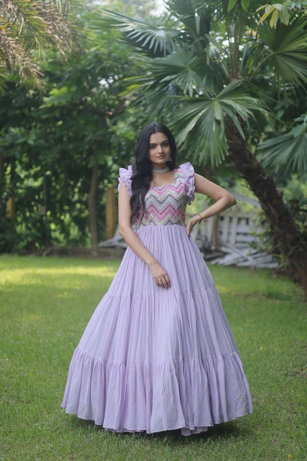 Elegant Lavender Color Multi Work Ruffle Gown