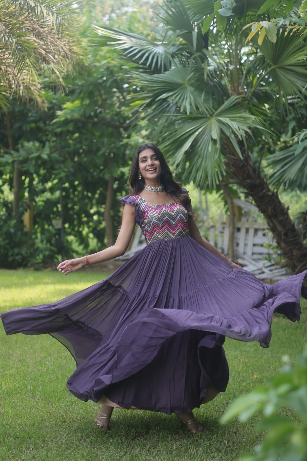 Elegant Purple Color Multi Work Ruffle Gown