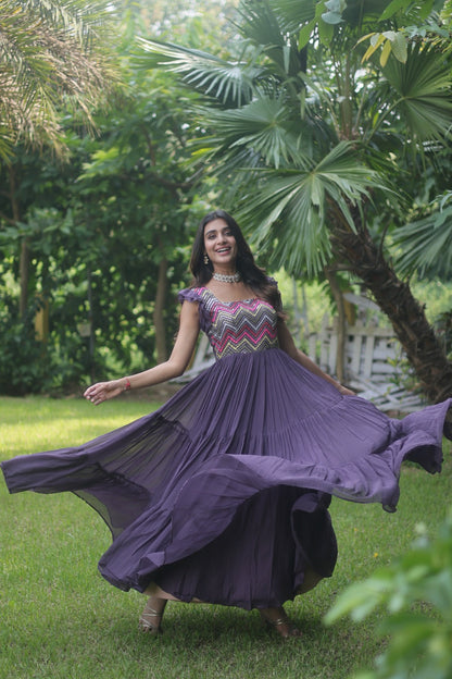 Elegant Purple Color Multi Work Ruffle Gown