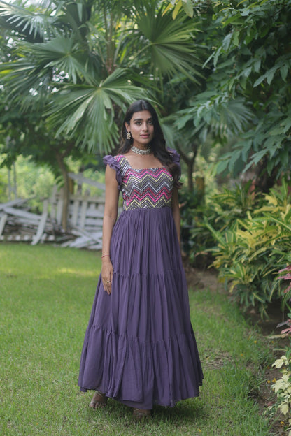 Elegant Purple Color Multi Work Ruffle Gown