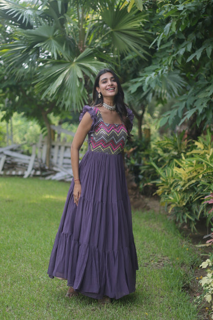 Elegant Purple Color Multi Work Ruffle Gown