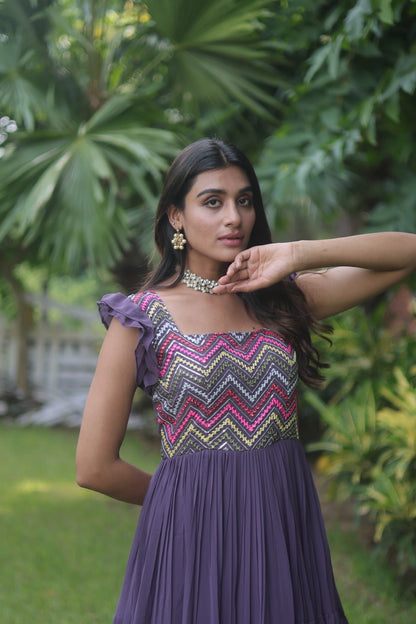 Elegant Purple Color Multi Work Ruffle Gown