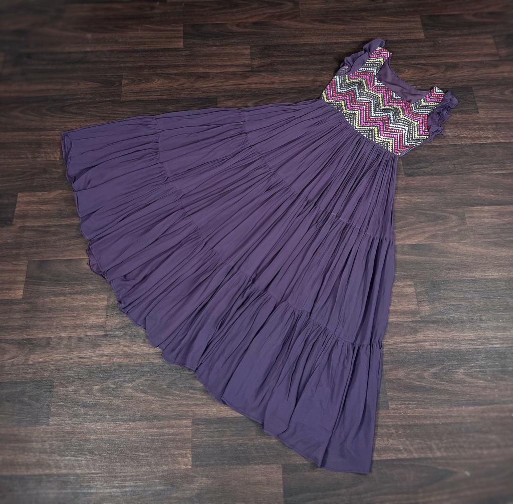 Elegant Purple Color Multi Work Ruffle Gown