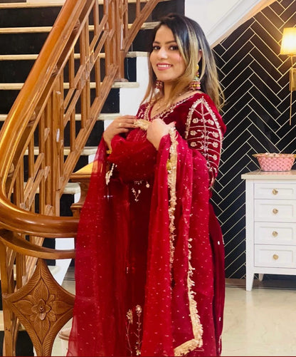 Maroon Color Function Wear Embroidered Velvet Salwar Suit