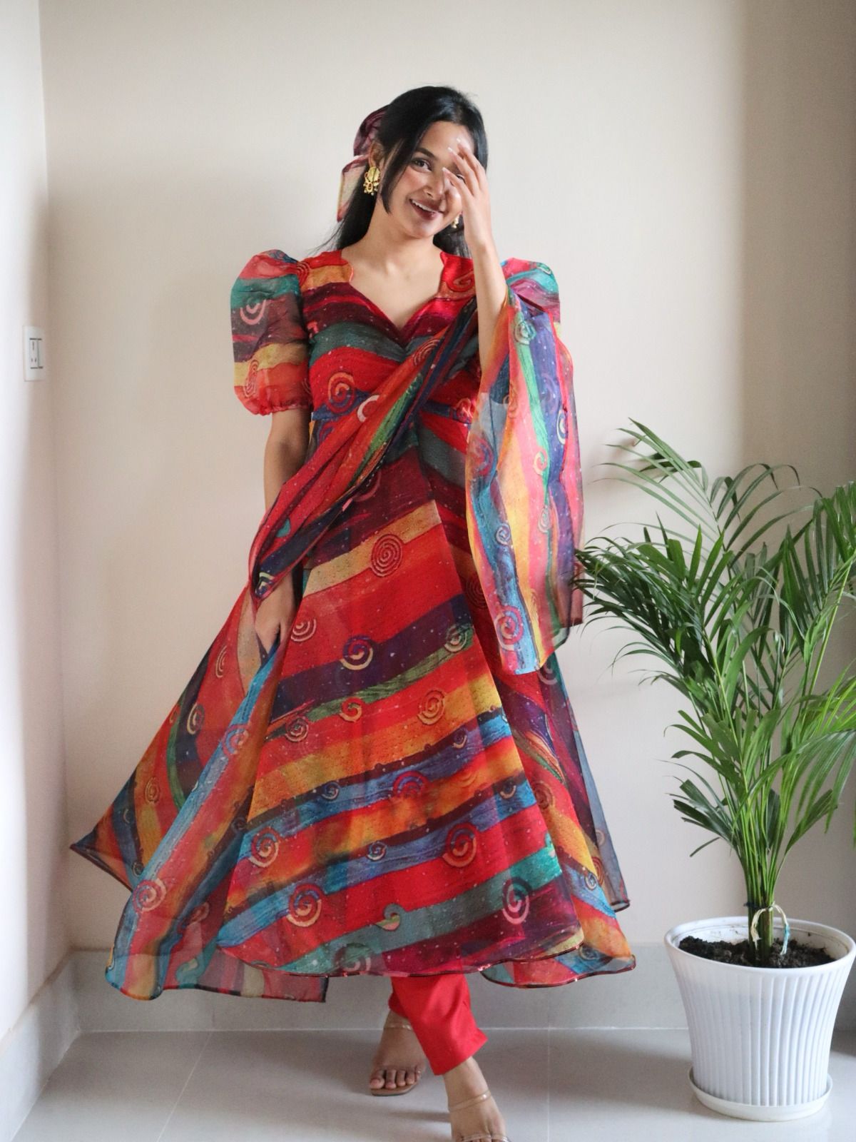 Printed Multi Color Organza Anarkali Gown
