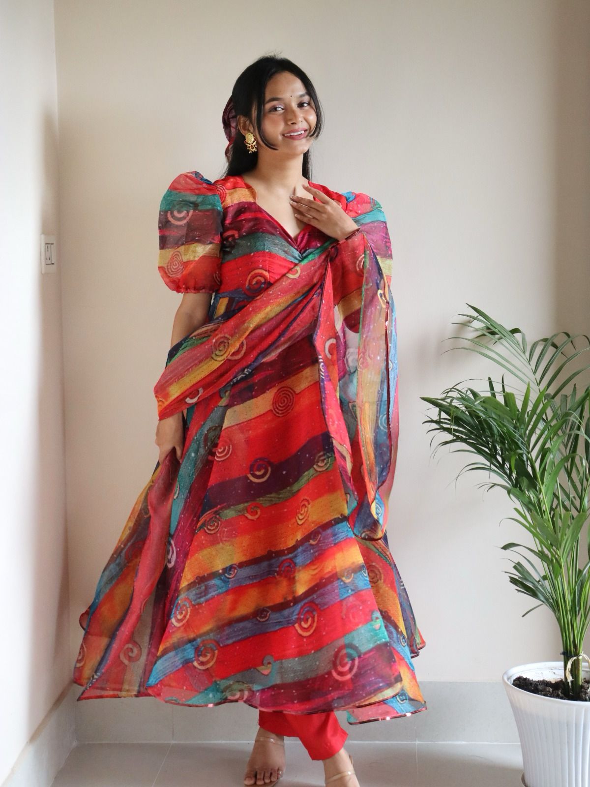 Printed Multi Color Organza Anarkali Gown