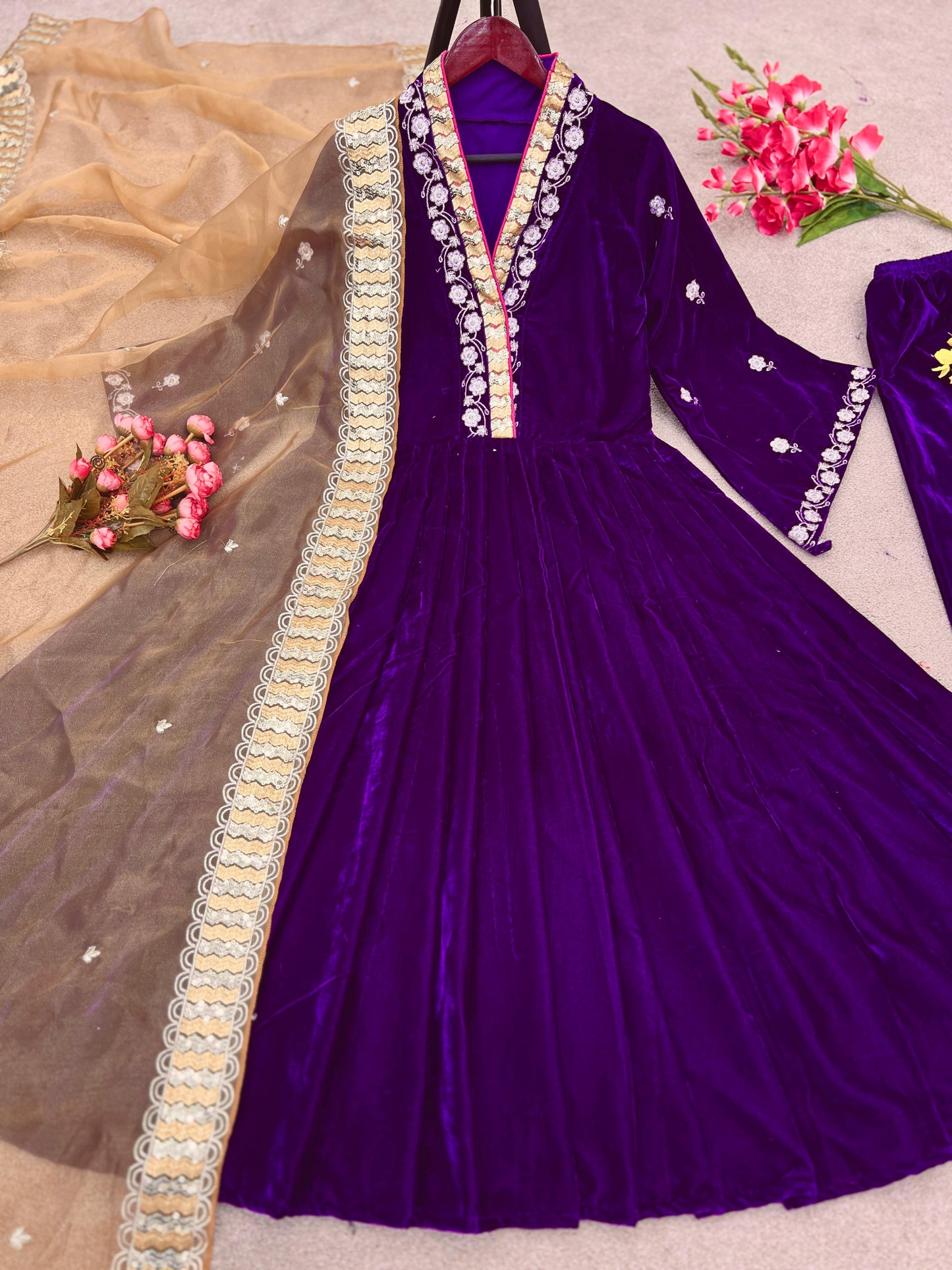 Purple Color Velvet Embroidery Sequence Work Anarkali Gown
