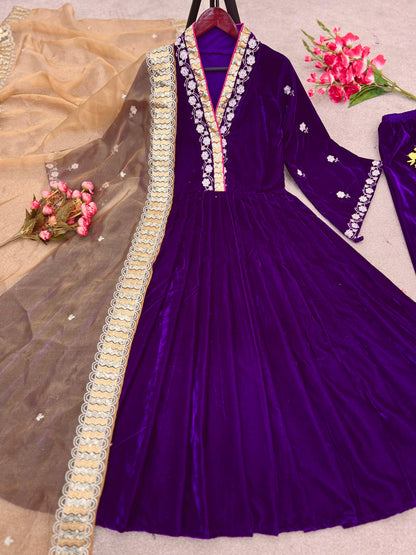 Purple Color Velvet Embroidery Sequence Work Anarkali Gown