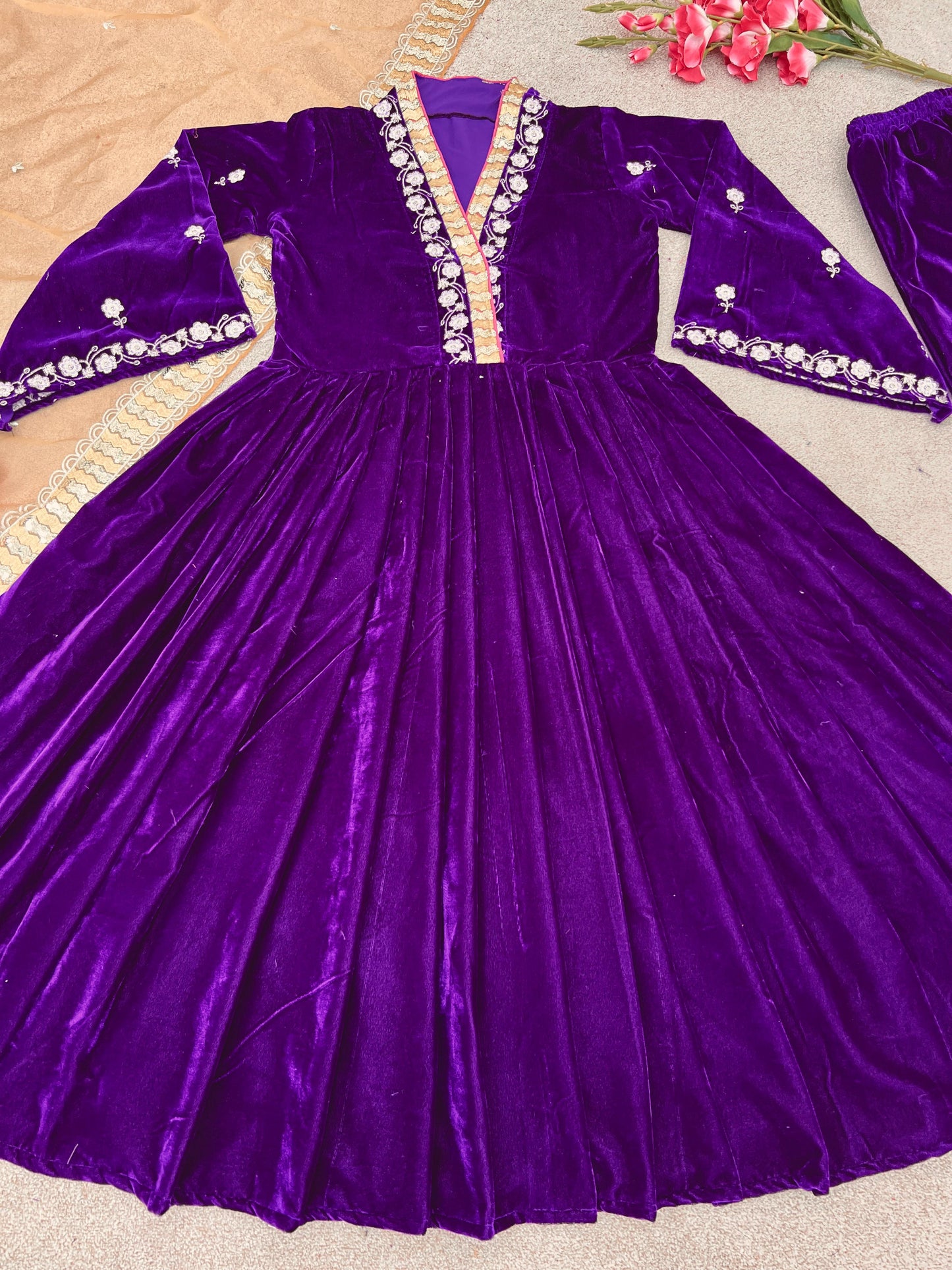 Purple Color Velvet Embroidery Sequence Work Anarkali Gown