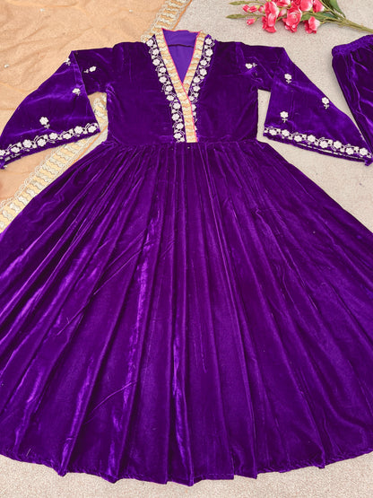 Purple Color Velvet Embroidery Sequence Work Anarkali Gown