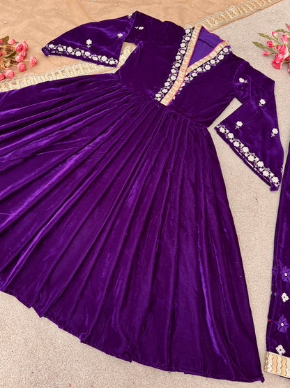 Purple Color Velvet Embroidery Sequence Work Anarkali Gown