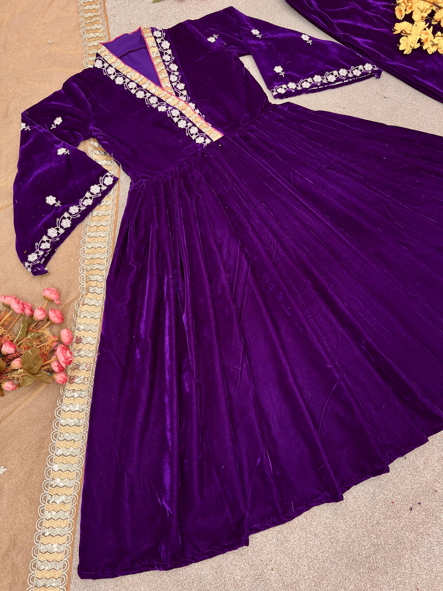 Purple Color Velvet Embroidery Sequence Work Anarkali Gown