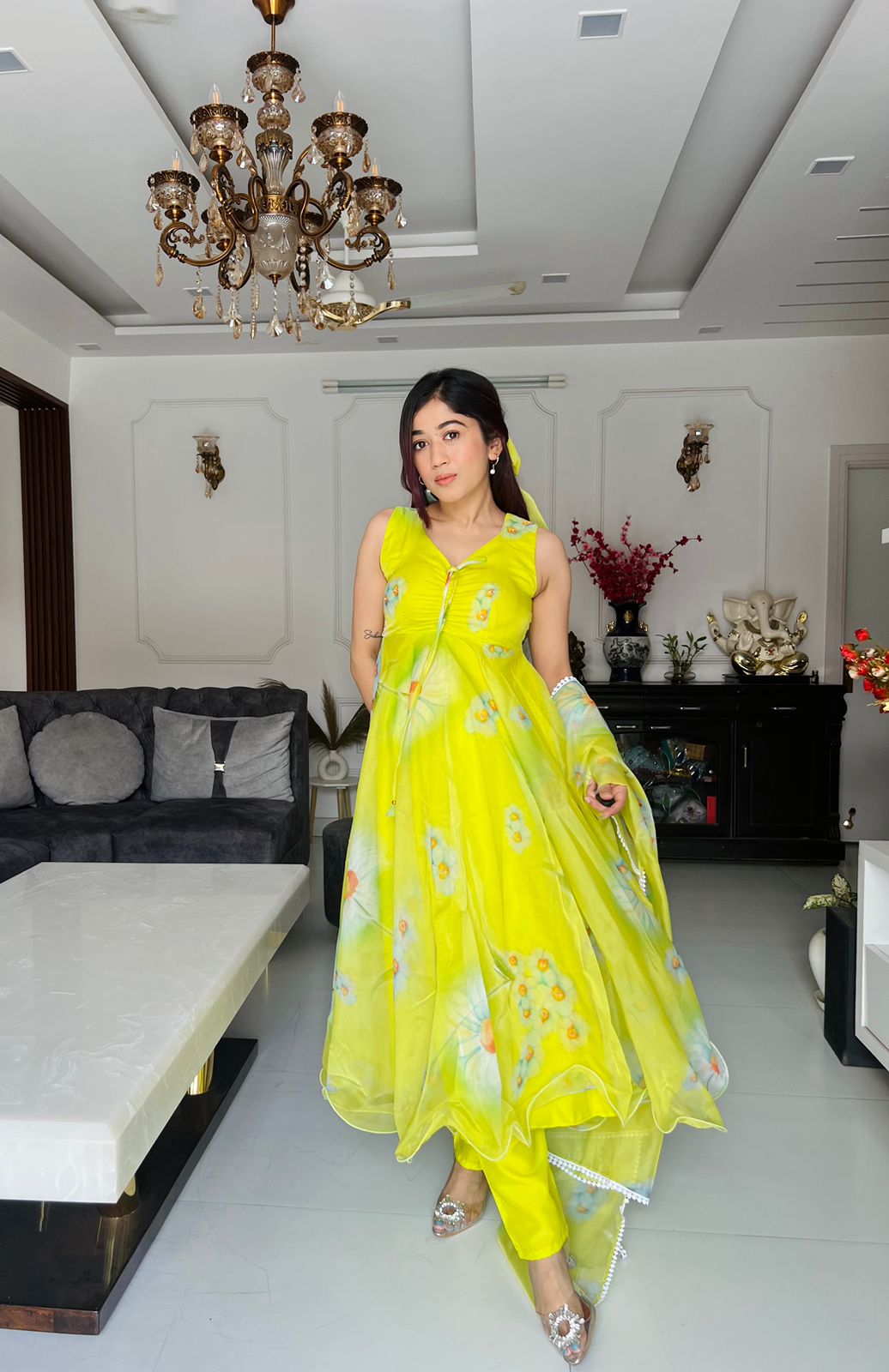 Lemon Green Color Printed Organza Pretty Anarkali Suit