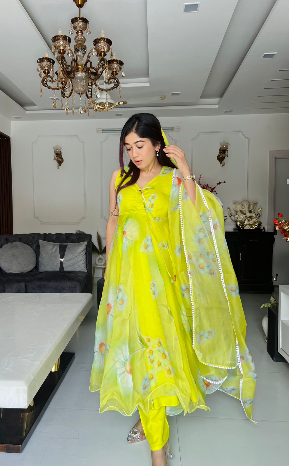 Lemon Green Color Printed Organza Pretty Anarkali Suit