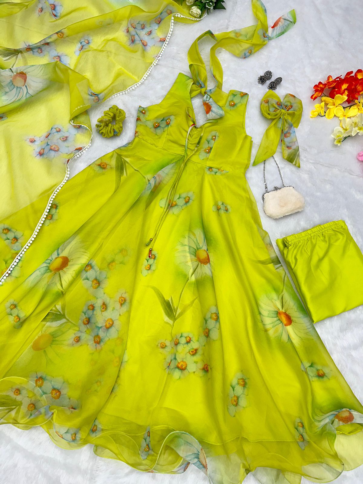 Lemon Green Color Printed Organza Pretty Anarkali Suit