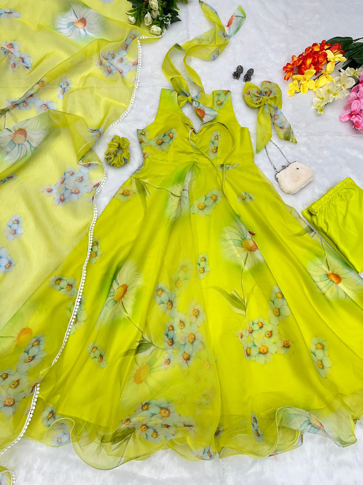 Lemon Green Color Printed Organza Pretty Anarkali Suit