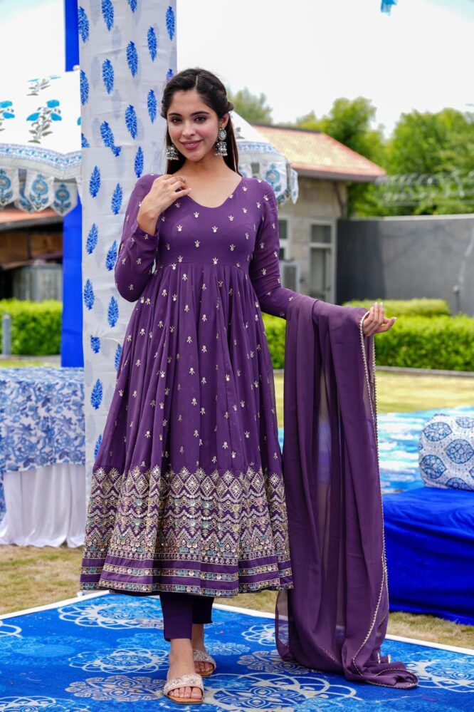 Trendy Embroidered Work Purple Color Anarkali Suit