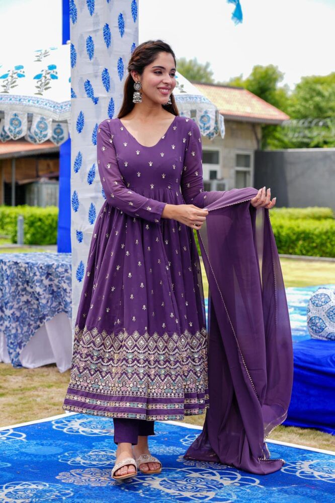 Trendy Embroidered Work Purple Color Anarkali Suit