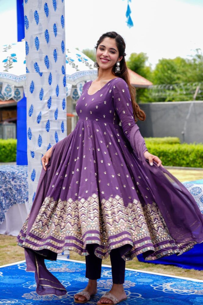 Trendy Embroidered Work Purple Color Anarkali Suit