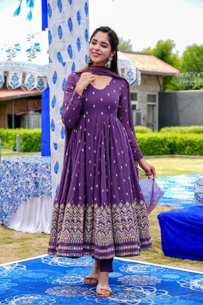 Trendy Embroidered Work Purple Color Anarkali Suit
