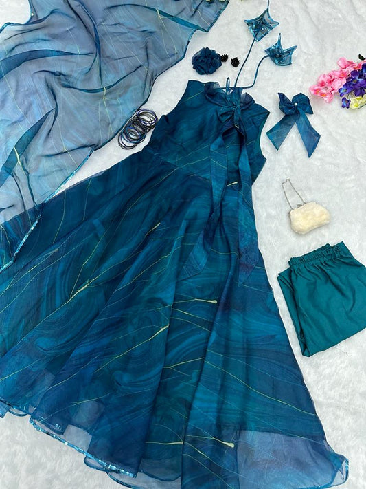 Wonderful Blue Color Organza Anarkali Suit