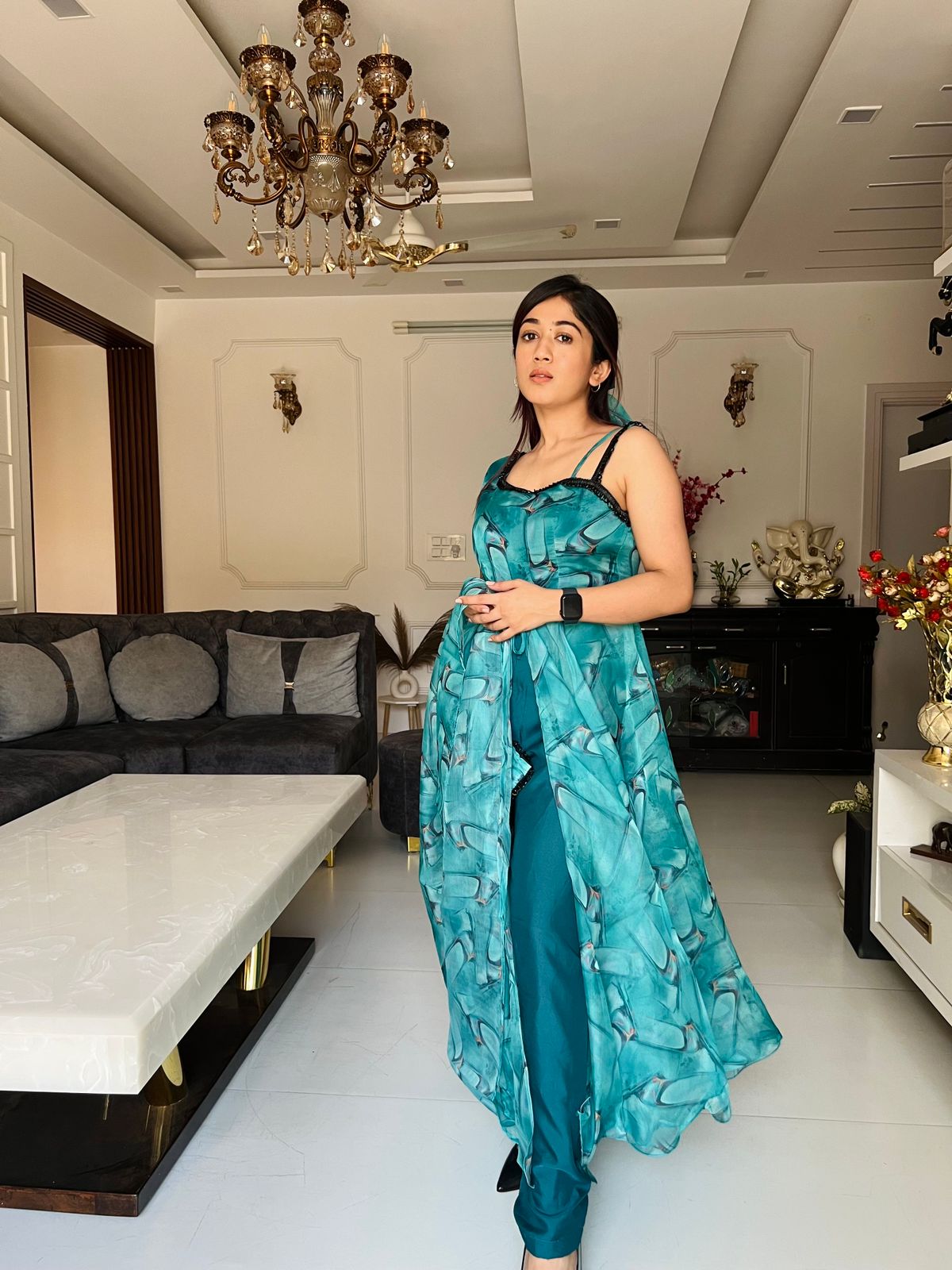 Fancy Organza Silk Aqua Blue Party Wear Dress