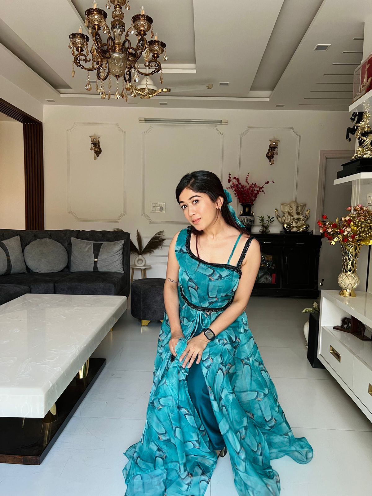 Fancy Organza Silk Aqua Blue Party Wear Dress