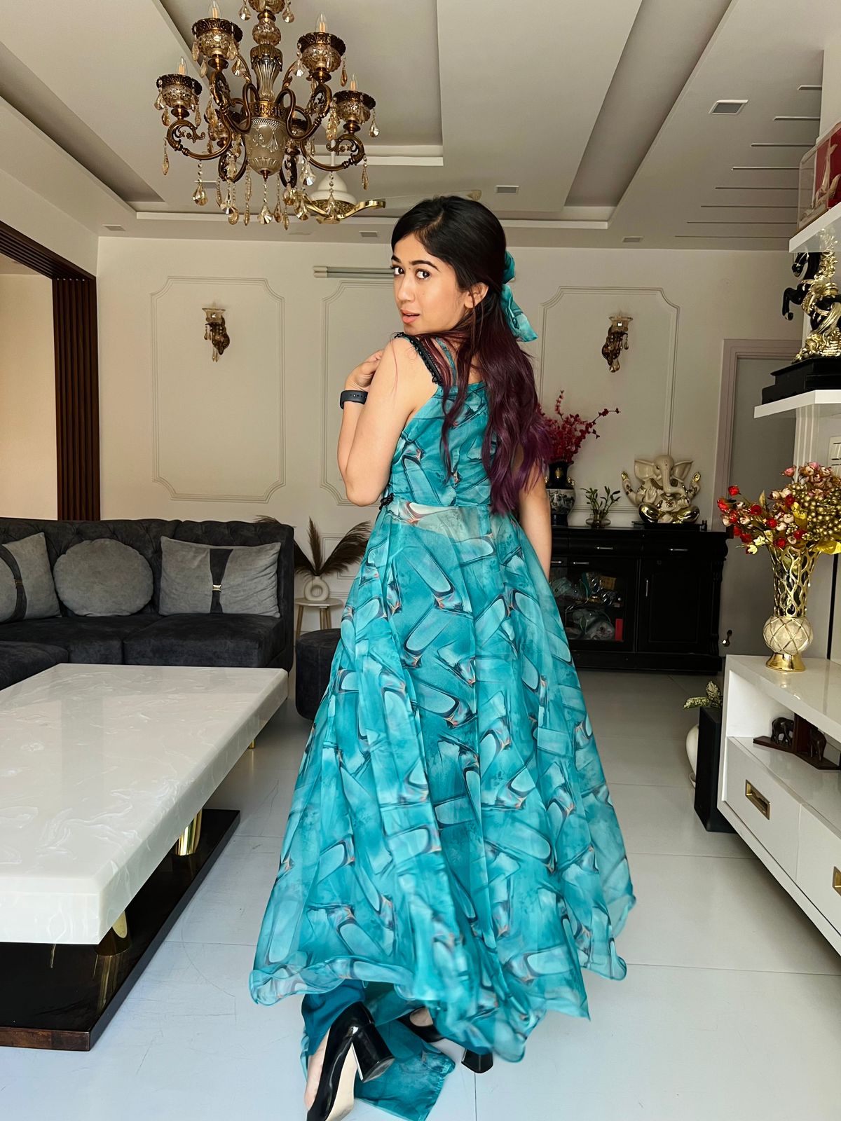 Fancy Organza Silk Aqua Blue Party Wear Dress