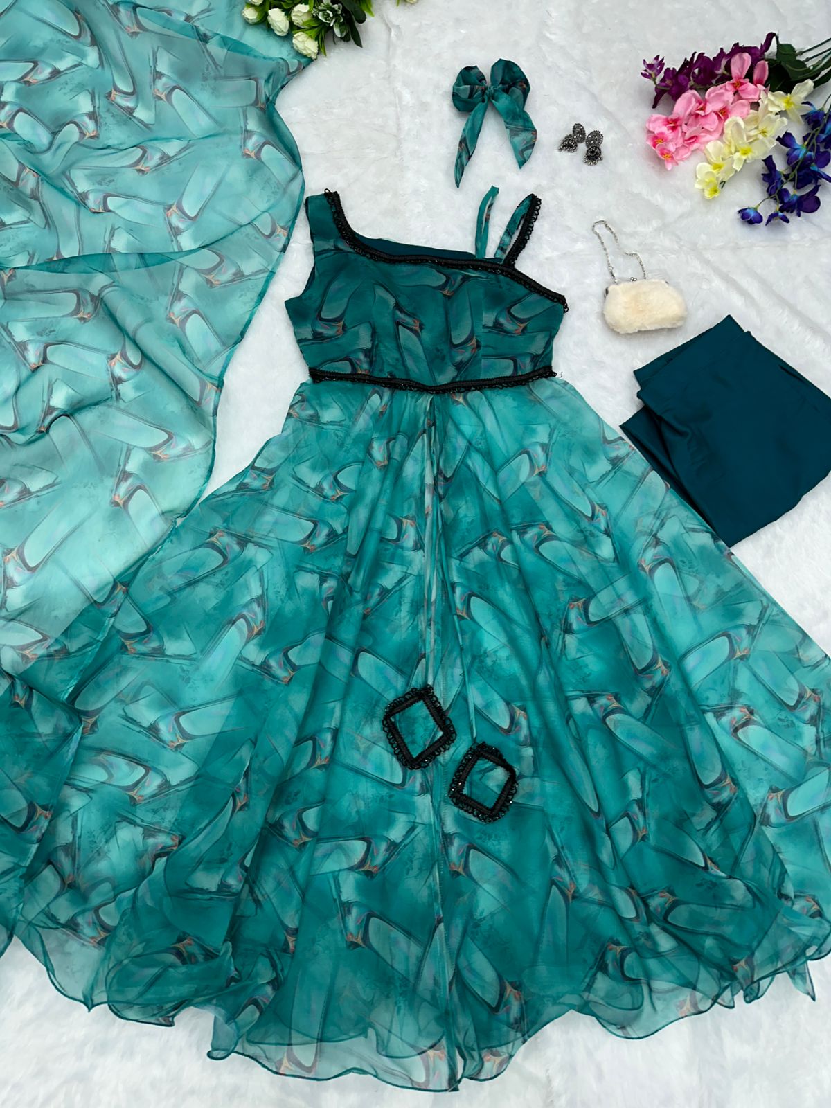Fancy Organza Silk Aqua Blue Party Wear Dress