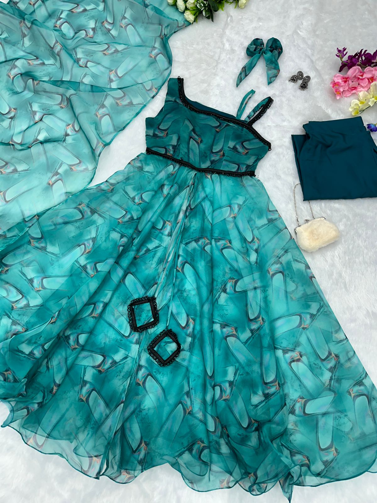 Fancy Organza Silk Aqua Blue Party Wear Dress