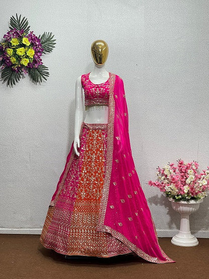 Pink And Orange Sequence Work Wedding Lehenga Choli