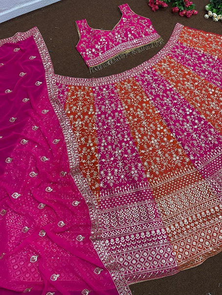 Pink And Orange Sequence Work Wedding Lehenga Choli