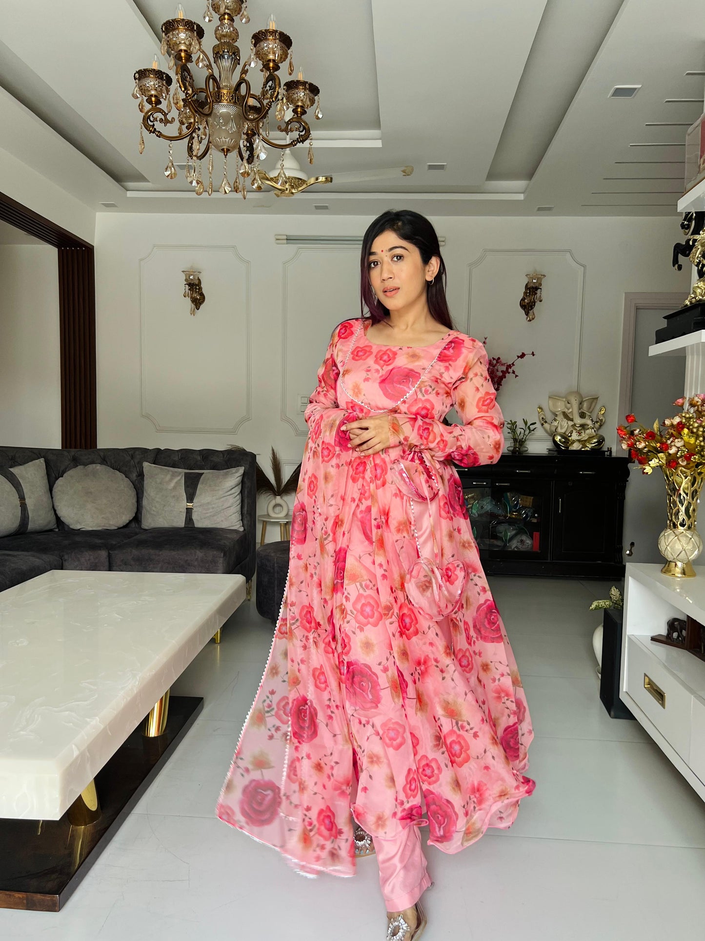 Stylish Peach Flower Print Organza Anarkali Suit