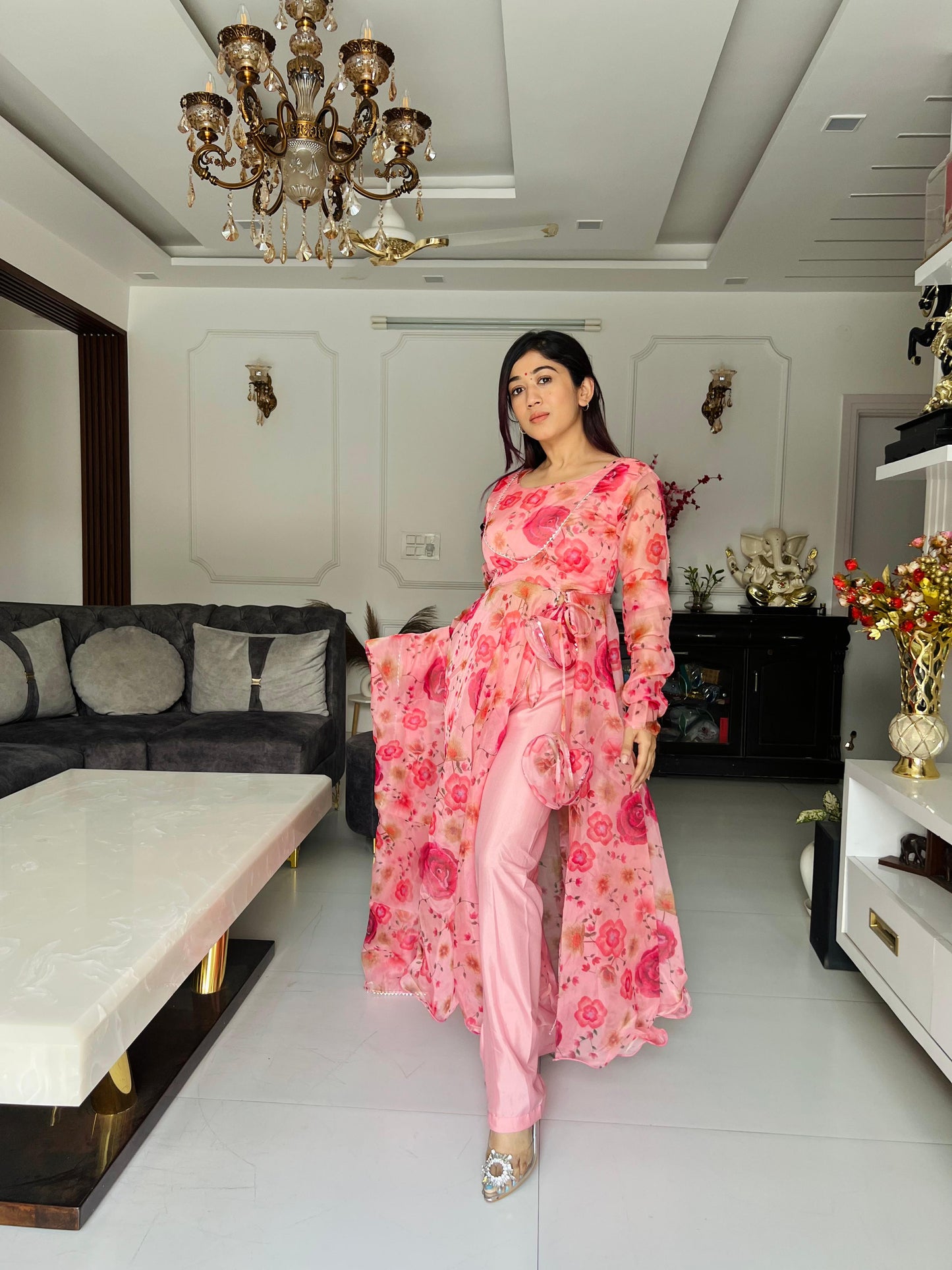 Stylish Peach Flower Print Organza Anarkali Suit