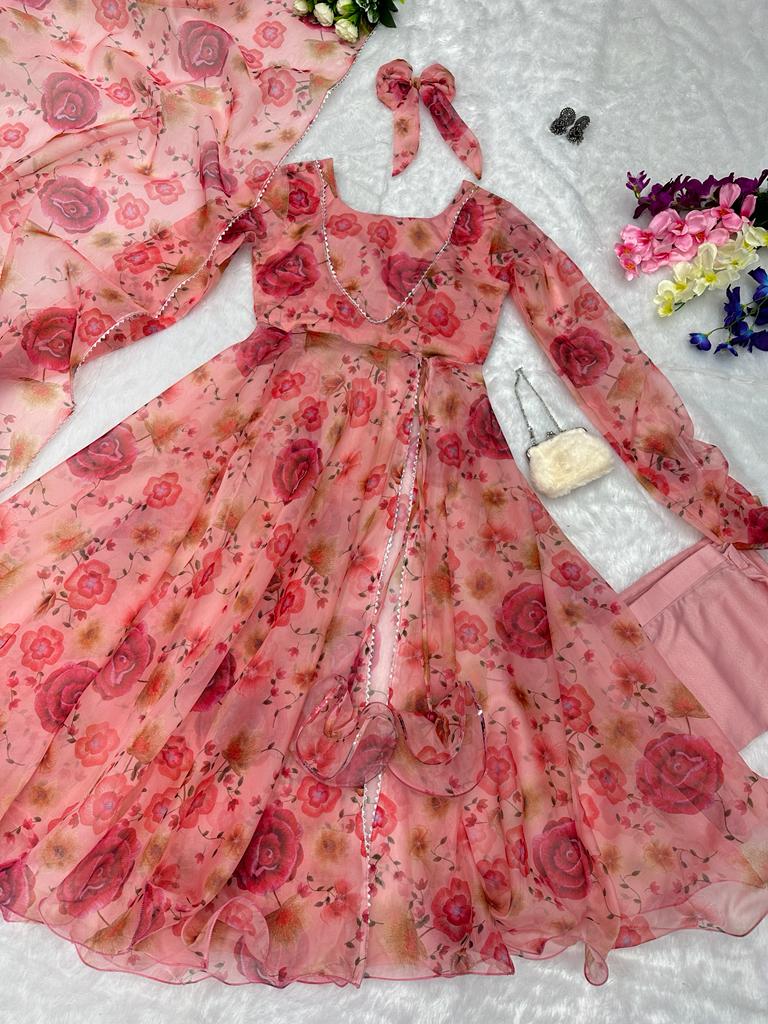 Stylish Peach Flower Print Organza Anarkali Suit